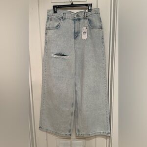 Mango Light Wash Wide-Leg Distressed Jeans